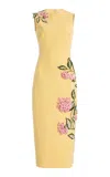 Oscar De La Renta Porcelain Flowers Embroidered Wool-blend Midi Dress In Yellow