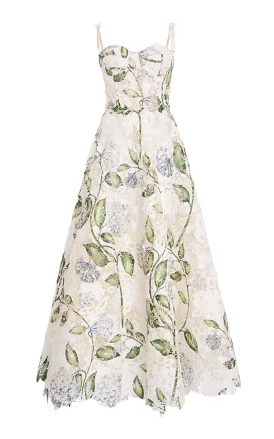 Oscar De La Renta Porcelain Flowers Guipure Maxi Dress In Neutral