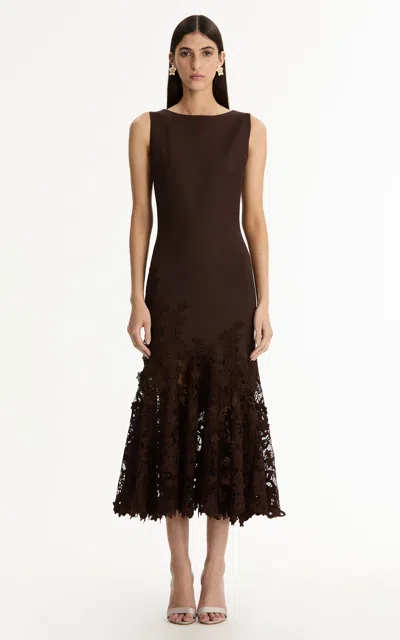 Oscar De La Renta Porcelain Flowers Guipure Midi Dress In Brown