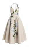 Oscar De La Renta Porcelain Flowers Halter Neck Faille Cocktail Dress In Brown