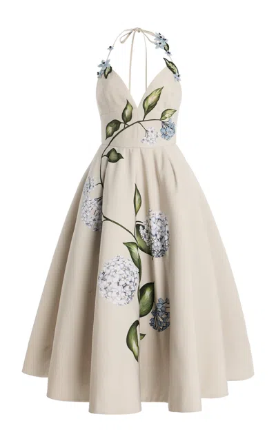 Oscar De La Renta Porcelain Flowers Halter Neck Faille Cocktail Dress In Brown