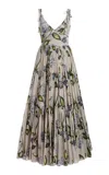 Oscar De La Renta Porcelain Flowers Pleated Cotton-voile Midi Dress In Multi