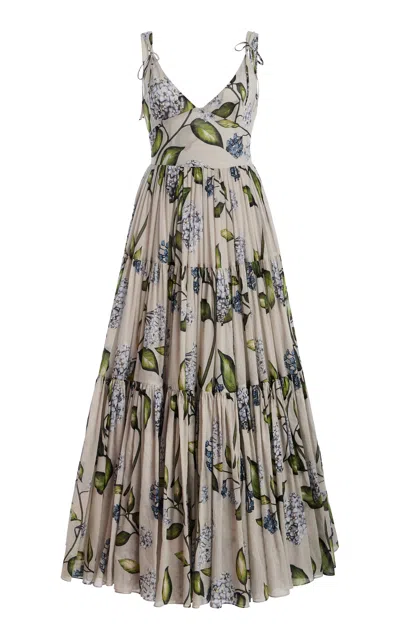 Oscar De La Renta Porcelain Flowers Pleated Cotton-voile Midi Dress In Multi