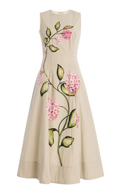 Oscar De La Renta Porcelain Flowers Poplin Midi Dress In Multi