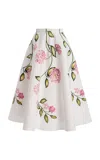 Oscar De La Renta Porcelain Flowers Poplin Midi Skirt In White