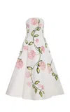 Oscar De La Renta Porcelain Flowers Strapless Poplin Midi Dress In White