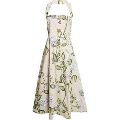 Oscar De La Renta Porcelain Flowers Stretch Cotton Poplin Halter Neck Dress In White