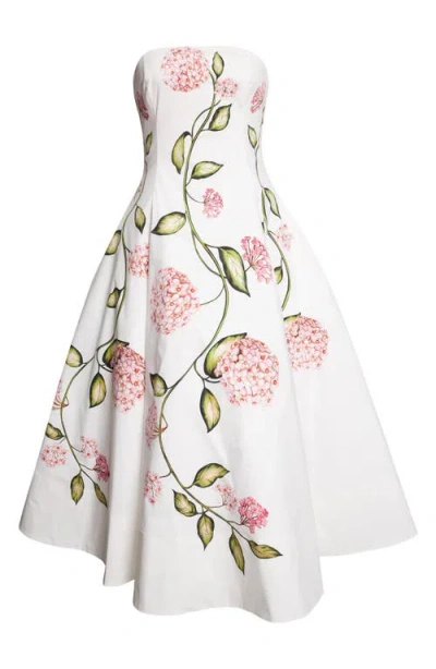 Oscar De La Renta Porcelain Flowers Stretch Cotton Poplin Strapless Dress In White