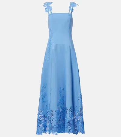 Oscar De La Renta Porcelain Wool-blend Guipure Midi Dress In Blue