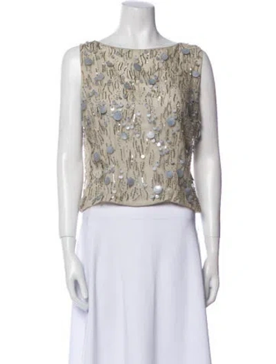 Pre-owned Oscar De La Renta Printed Bateau Neckline Crop Top In Gray