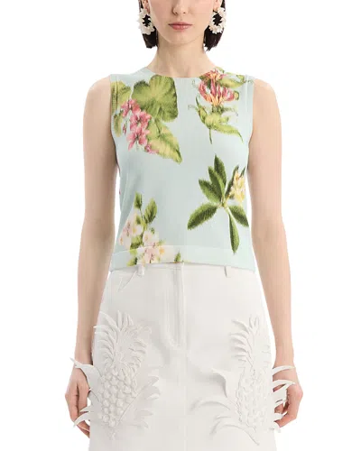 Oscar De La Renta Printed Chine Flower Knit Twinset Tank In Blue