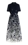 Oscar De La Renta Printed Cotton Poplin Midi Dress In Navy