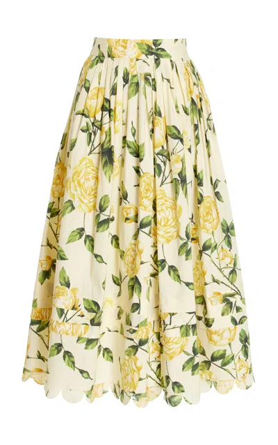 Oscar De La Renta Printed Cotton Poplin Midi Skirt In Yellow/soft Yellow