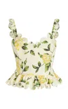 Oscar De La Renta Printed Cotton Poplin Peplum Top In Yellow