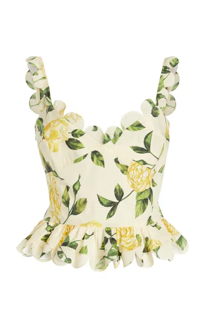 Oscar De La Renta Printed Cotton Poplin Peplum Top In Yellow