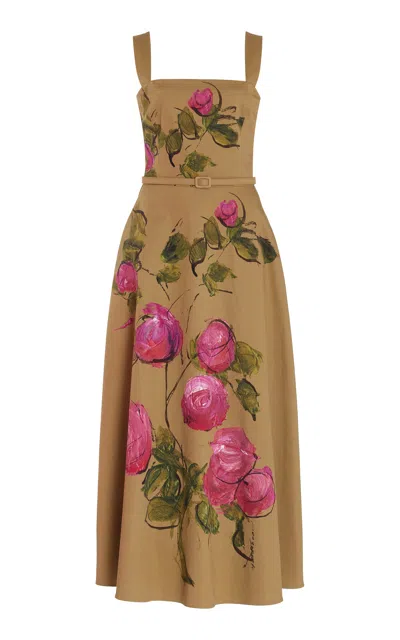 Oscar De La Renta Printed Cotton Twill Midi Dress In Pinkkhaki