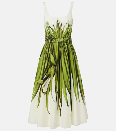 Oscar De La Renta Palm Leaves Print Cotton Stretch Poplin Midi Dress In White