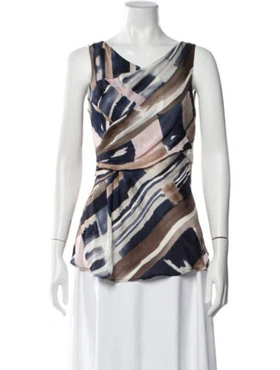 Pre-owned Oscar De La Renta Printed Cowl Neck Blouse In Blue