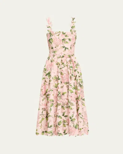Oscar De La Renta Printed Garden Rose Guipure Sleeveless Midi Dress In Pink/blush
