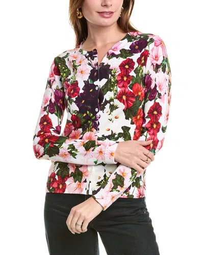 Oscar De La Renta Hollyhocks Print Crewneck Cardigan In Pink White