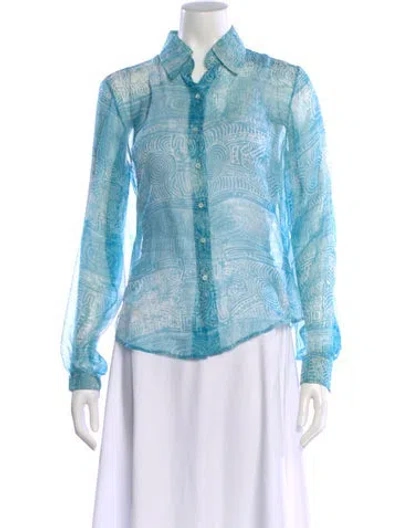 Pre-owned Oscar De La Renta Printed Long Sleeve Blouse In Blue
