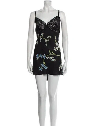 Pre-owned Oscar De La Renta Printed Mesh Accents Nightgown In Black