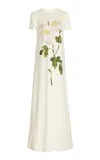 Oscar De La Renta Painted White Roses Jersey Short-sleeve Maxi Dress In Ivory