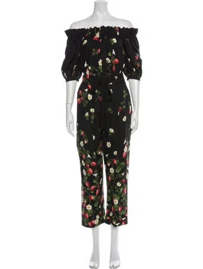 Pre-owned Oscar De La Renta Printed Off-the-shoulder Jumpsuit In Gray