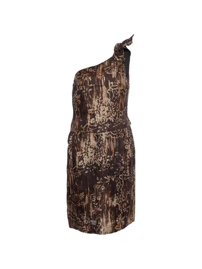 Pre-owned Oscar De La Renta Printed One-shoulder Dress In Brown