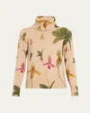 Oscar De La Renta Long Sleeve  Printed Orchid Pullover In Brown Multi