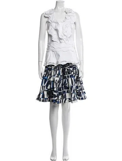 Pre-owned Oscar De La Renta Printed Pleated Accents Skirt Set In Blue