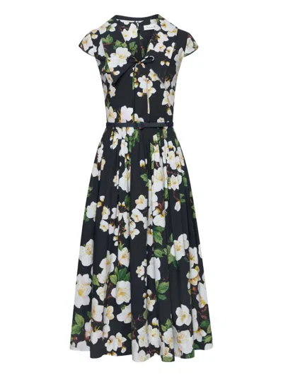 Oscar De La Renta Cherry Blossom Cotton Poplin Pleated Dress In Black