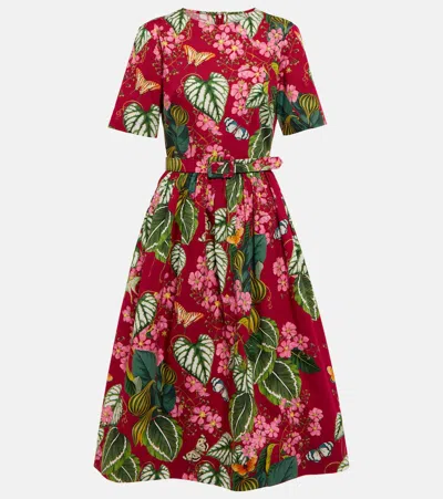 Oscar De La Renta Bedrucktes Midikleid Aus Popeline In Ruby Multi
