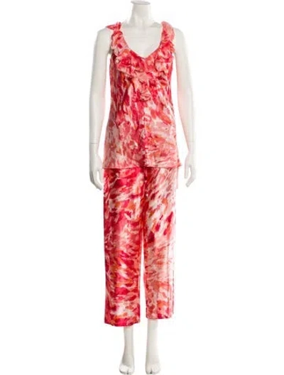Pre-owned Oscar De La Renta Printed Ruffle Embellishment Pant Set In Pink