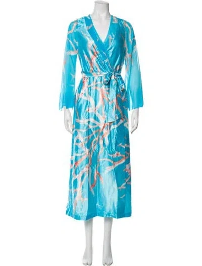 Pre-owned Oscar De La Renta Printed Ruffle Embellishment Robe In Blue