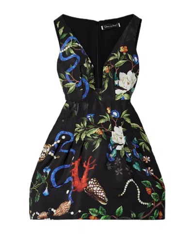 Oscar De La Renta Printed Satin Mini Dress In Black