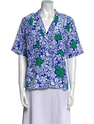 Pre-owned Oscar De La Renta Printed Short Sleeve Button-up Top In Blue