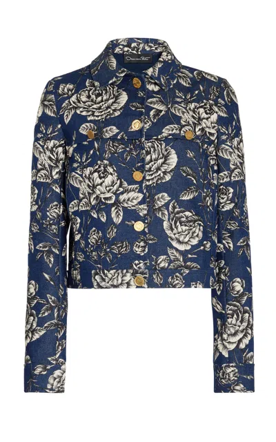 Oscar De La Renta Printed Stretch-denim Jacket In Dark Wash