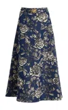 Oscar De La Renta Printed Stretch-denim Midi Skirt In Dark Wash