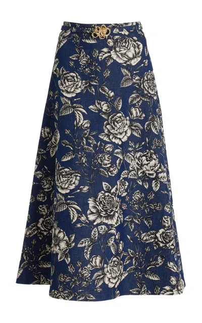 Oscar De La Renta Printed Stretch-denim Midi Skirt In Dark Wash