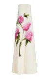 Oscar De La Renta Painted Roses Strapless Gown In White