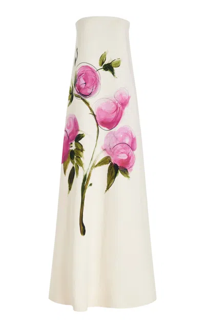 Oscar De La Renta Painted Roses Strapless Gown In Neutral
