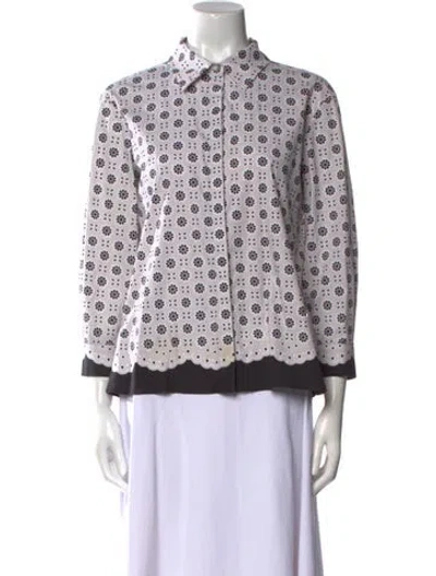 Pre-owned Oscar De La Renta Printed Three-quarter Sleeve Blouse In White