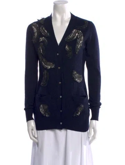 Pre-owned Oscar De La Renta Printed V-neck Sweater In Blue