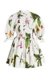 Oscar De La Renta Puff Sleeve  Open Back Button Front Orchid Poplin Dress In White Multi