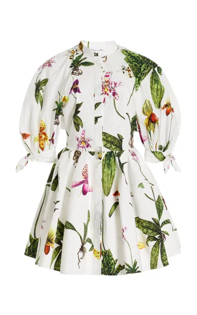 Oscar De La Renta Puff Sleeve  Open Back Button Front Orchid Poplin Dress In White Multi