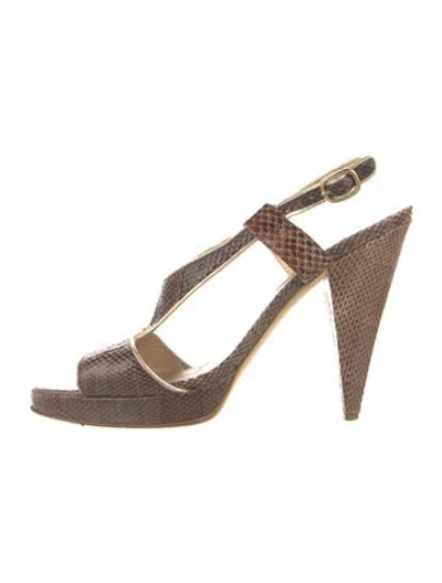 Pre-owned Oscar De La Renta Python Leather Trim Embellishment T-strap Pumps In Brown