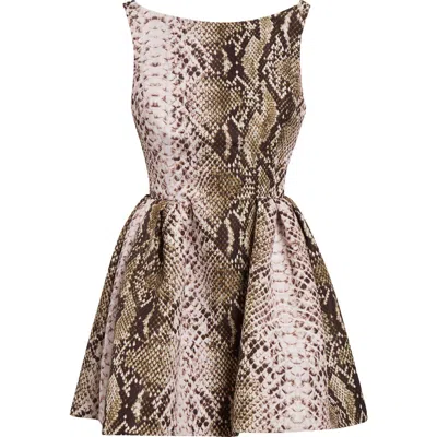 Oscar De La Renta Python Print Silk Faille Fit & Flare In Olive