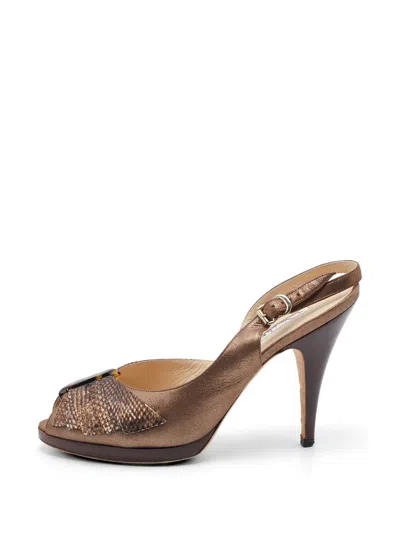 Pre-owned Oscar De La Renta Python-embossed Slingback Pumps In Brown