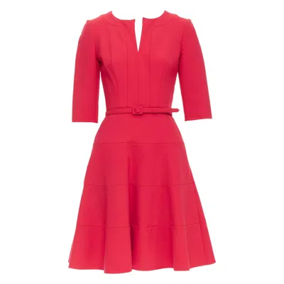 Pre-owned Oscar De La Renta R17 Virgin Wool Blend Slit Neck Pleated Belted Dress Us0 Xs In Red